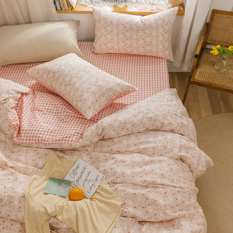 BlueBlue Rabbit Duvet Cover Set Twin 100% Cotton Bedding for Kids Boys Girls Teens Single Bed Cartoon Bunny Garden Floral on Pink 1 Reversible Check Comforter Cover with Zipper Ties 2 Pillowcases - Image 4